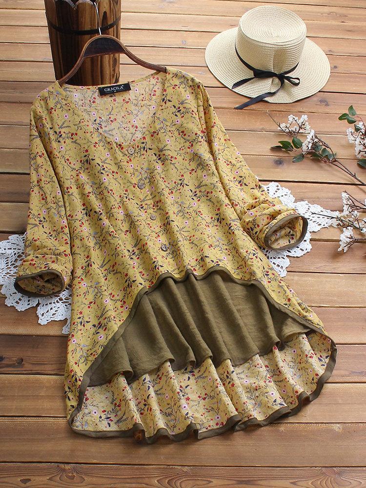 Floral Print Patchwork Long Sleeve Blouse