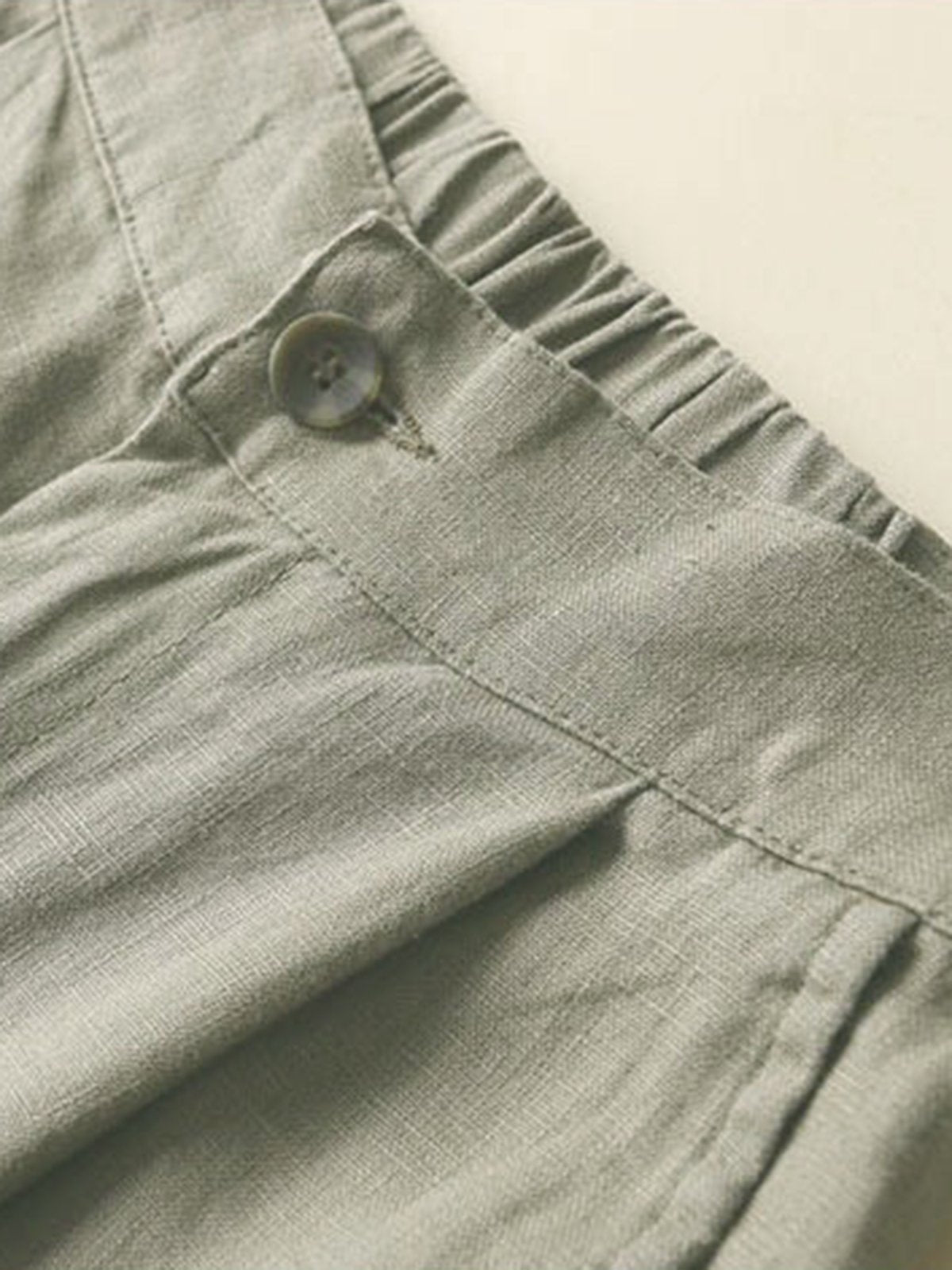 Solid Pockets Elastic Linen Casual Straight Pants