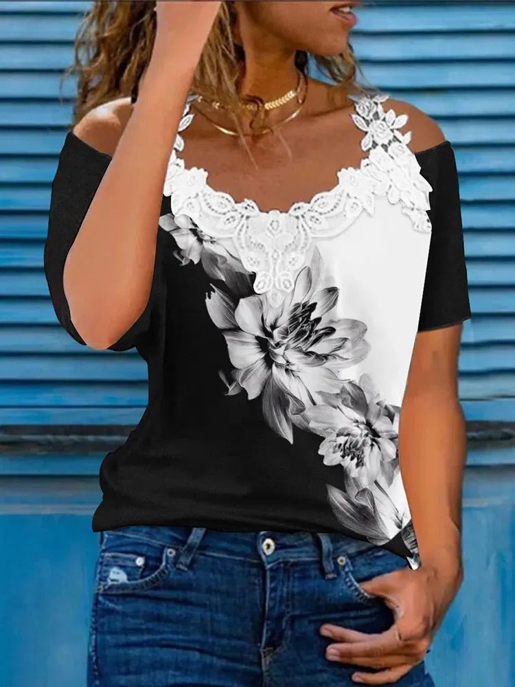 V Neck Lace Casual Floral Print Colorblock Contrast Cold Shoulder