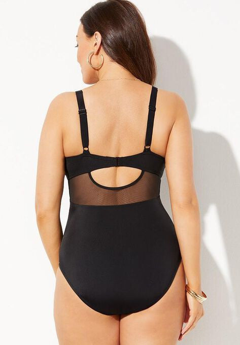BLACK CUT OUT MESH ONE PIECE SWIMSUIT