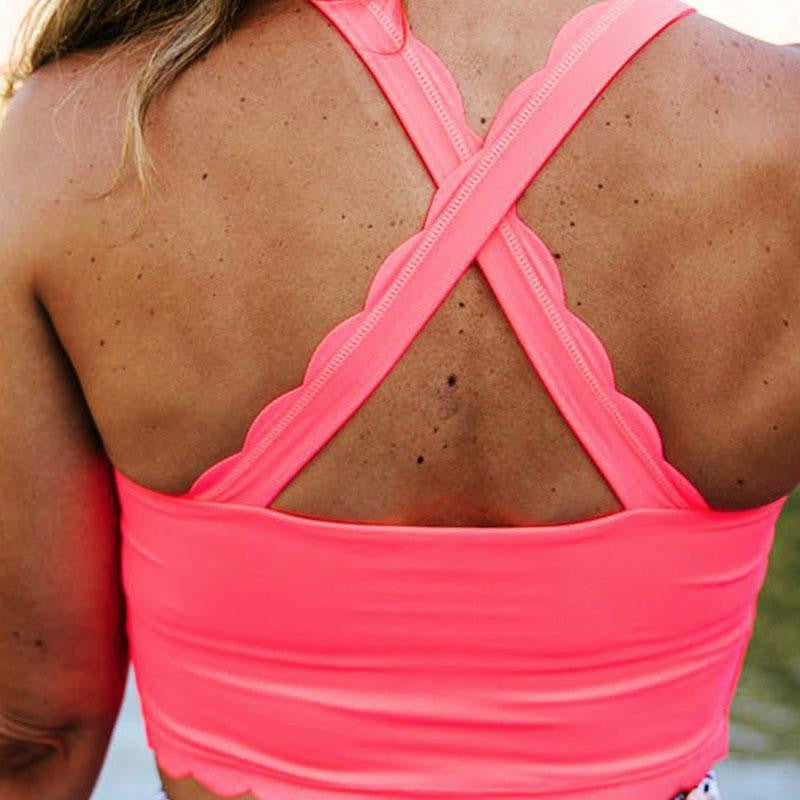 SCALLOP CROP LEOPARD PRINT STITCHING BIKINI SET