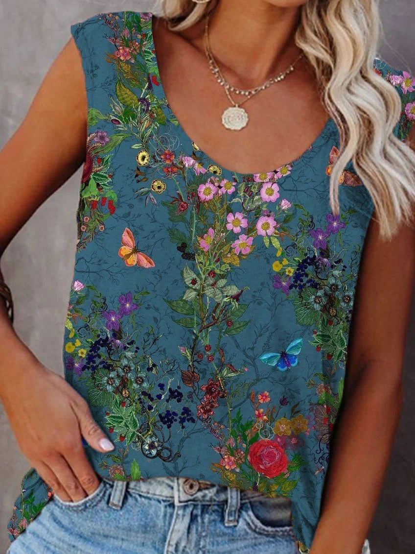 Floral Print Round Neck Sleeveless Tank Tops