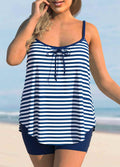 PLUS SIZE BOWKNOT STRIPE PRINT NAVY TANKINI SET