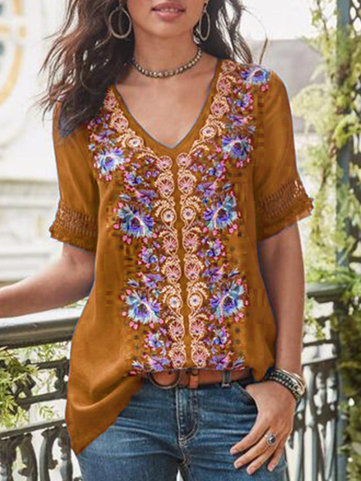 Casual Short Sleeve Patchwork V Neck Shirt