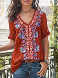 Casual Short Sleeve Patchwork V Neck Shirt
