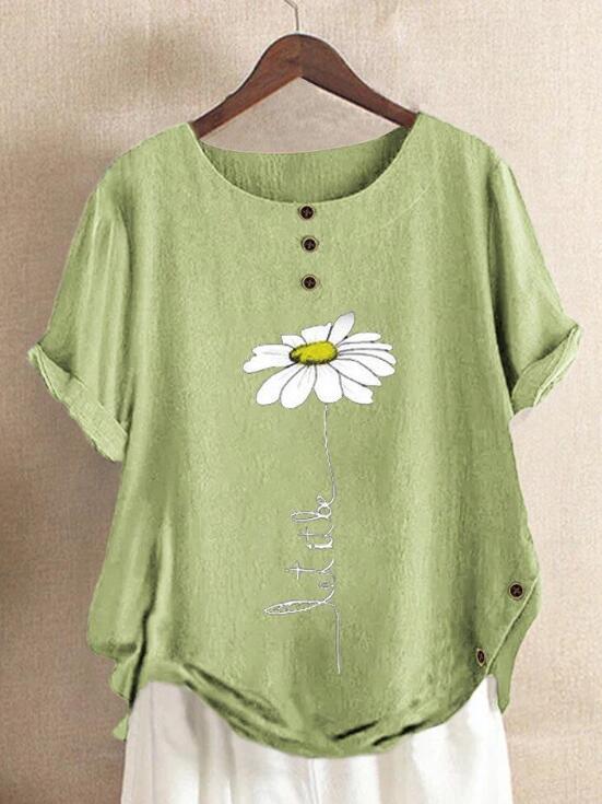 Casual Floral-Print Cotton&Linen Short Sleeve Shirts & Tops