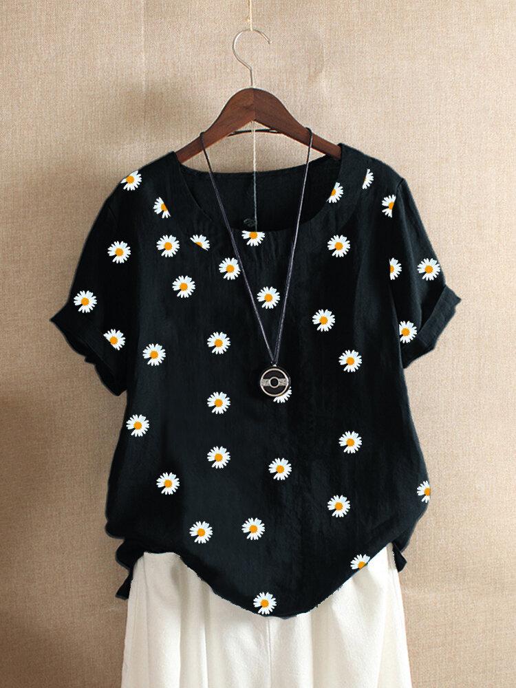 Daisy Floral Print Short Sleeve O-neck T-shirt For Women