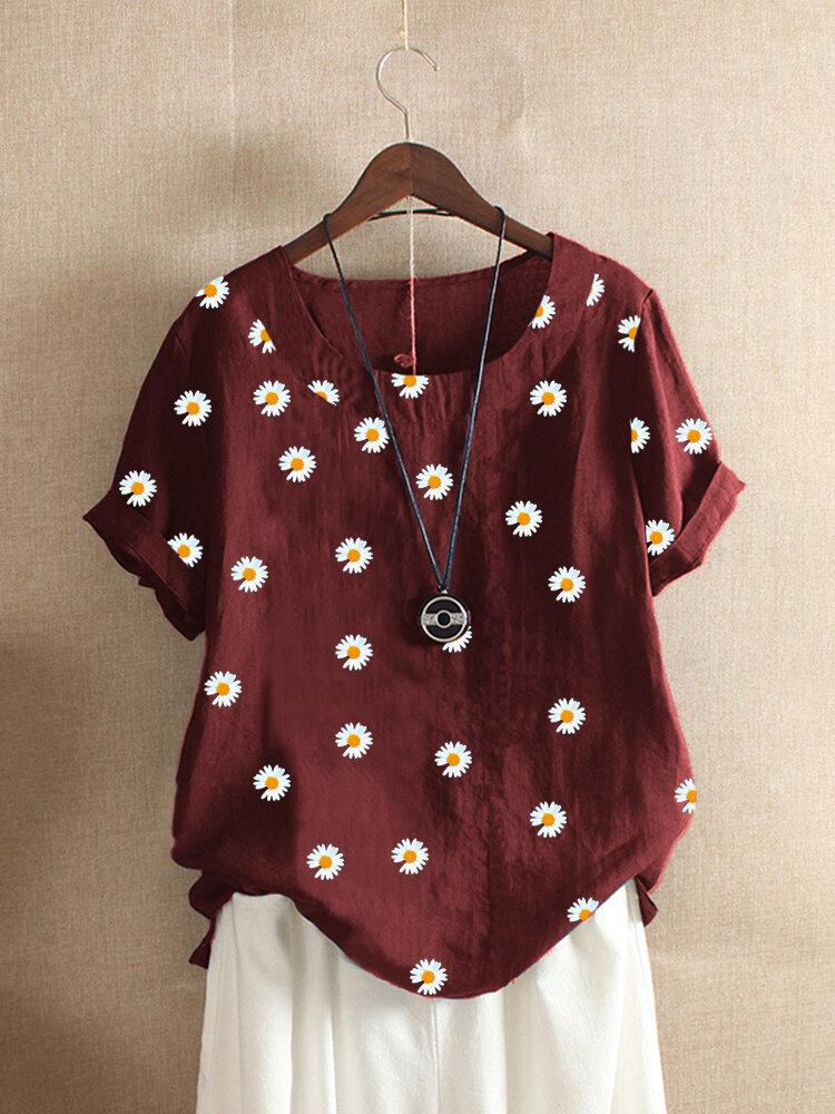 Daisy Floral Print Short Sleeve O-neck T-shirt For Women
