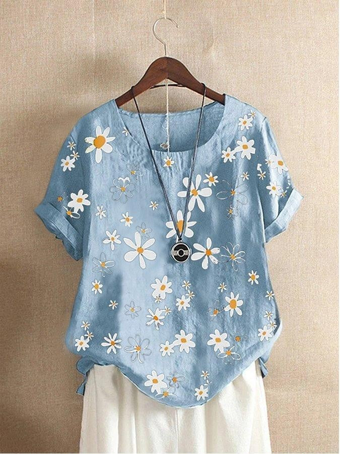 Floral Print Crew Neck Short Sleeve T-shirt For Women