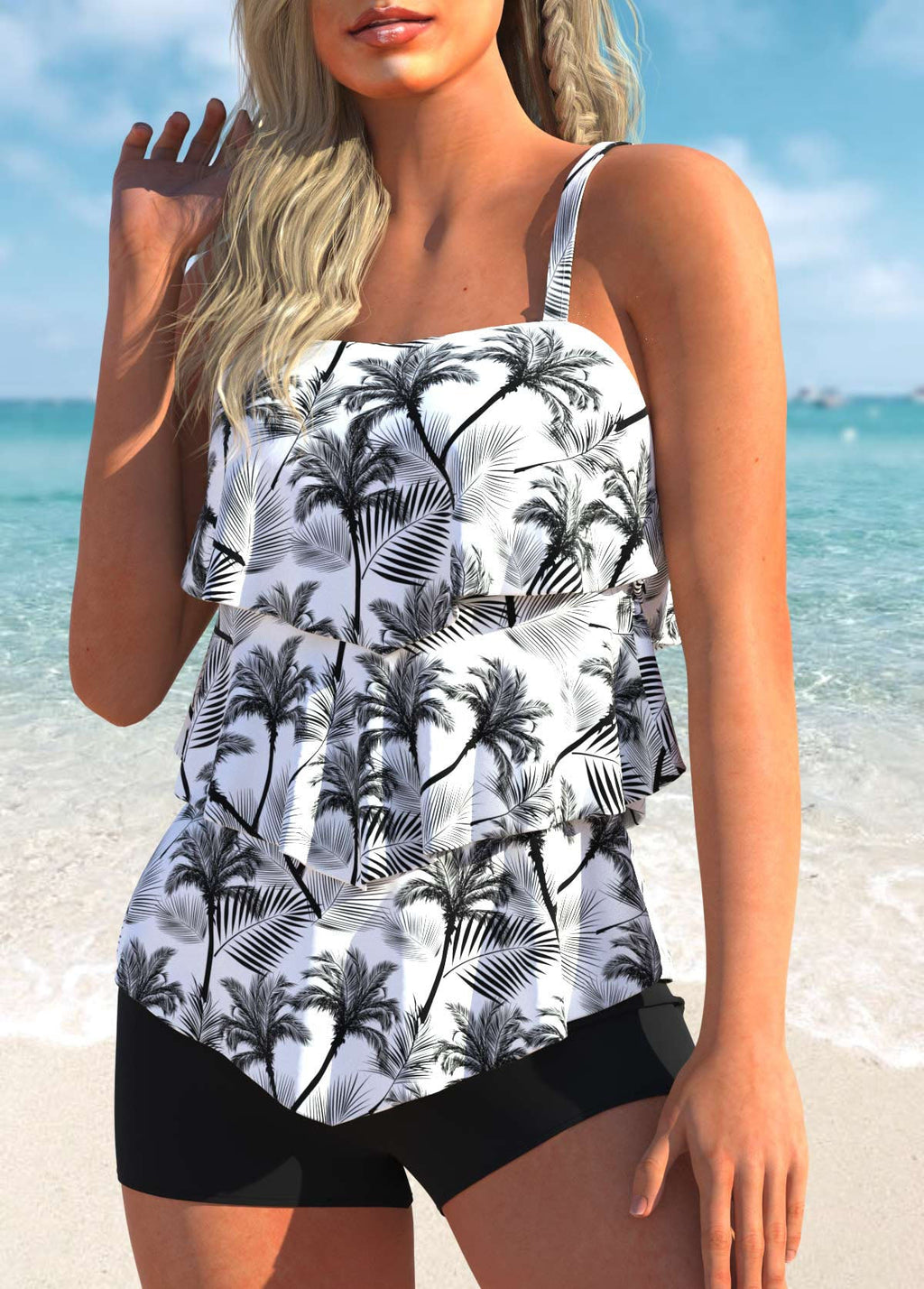 Ruffle Hem Coconut Tree Print Plus Size Tankini Set