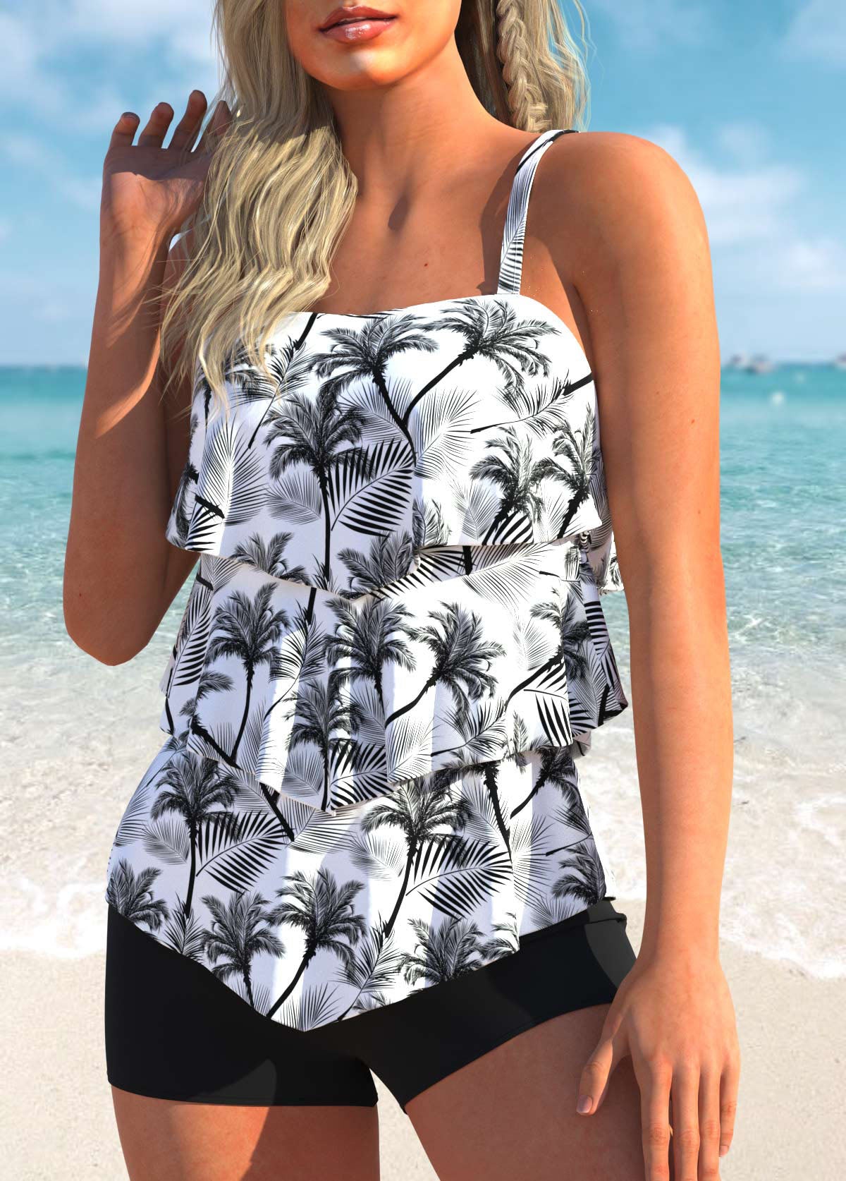 Ruffle Hem Coconut Tree Print Plus Size Tankini Set