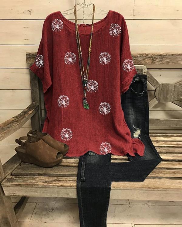 Summer Printed Short Sleeve Big Round Neck Loose Shirt Top