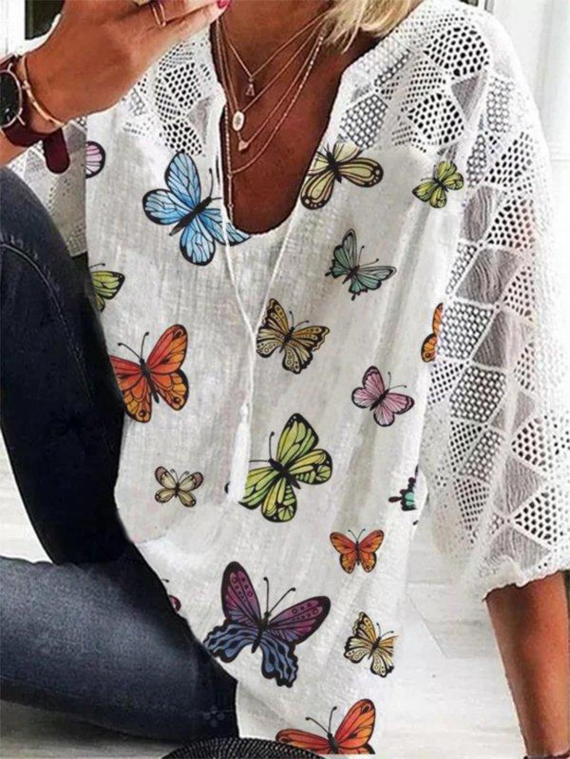 3/4 Sleeve Printed Casual Cotton-Blend Shirts & Tops