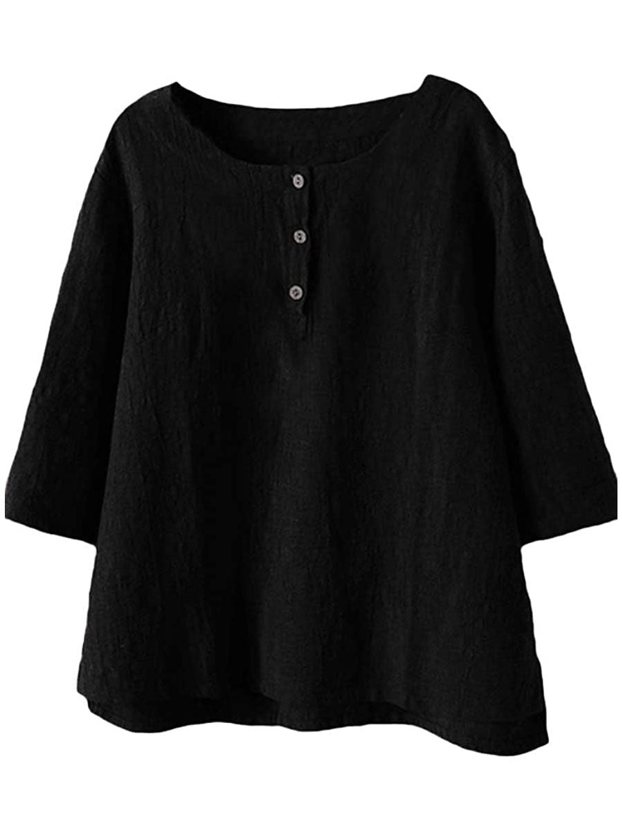 Women's 3/4 Sleeve Cotton Linen Jacquard Blouses Top Tshirt