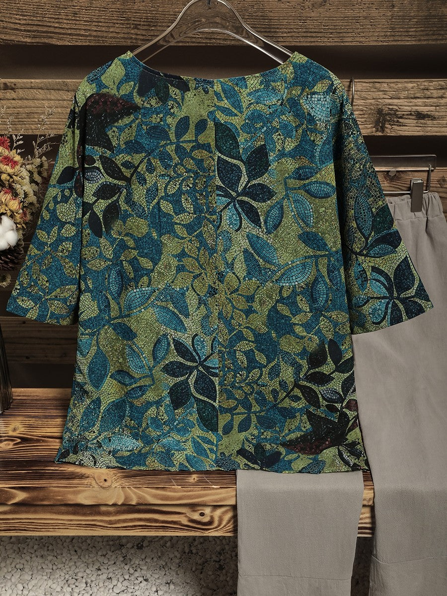 Round Neck Bronzing Leaf Print Casual Blouse