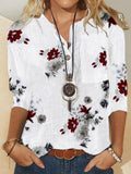 Flower Print Long Sleeve Button Stand Collar Women Blouse