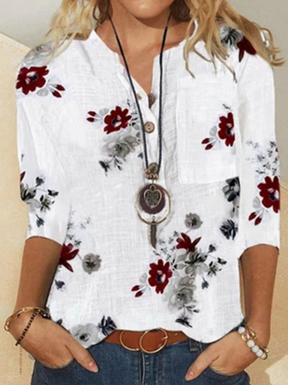 Flower Print Long Sleeve Button Stand Collar Women Blouse