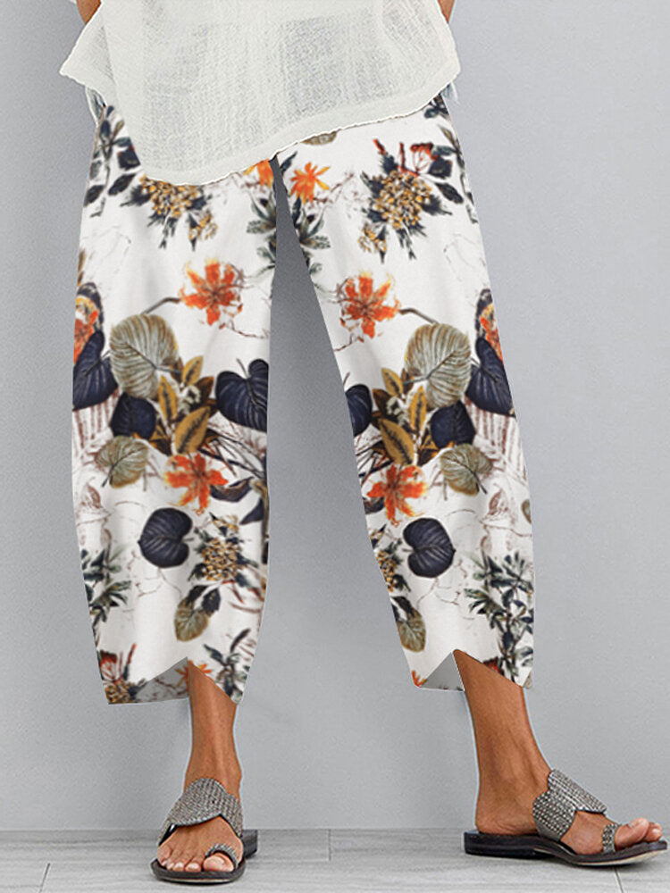 Vintage Floral Print Elastic Waist Casual Pants