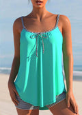Striped Bowknot Cyan Spaghetti Strap Tankini Set