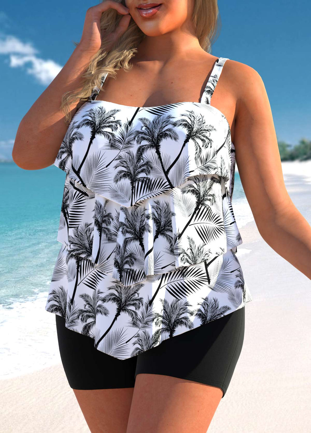 Ruffle Hem Coconut Tree Print Plus Size Tankini Set