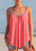 Striped Coral Red Bowknot Plus Size Tankini