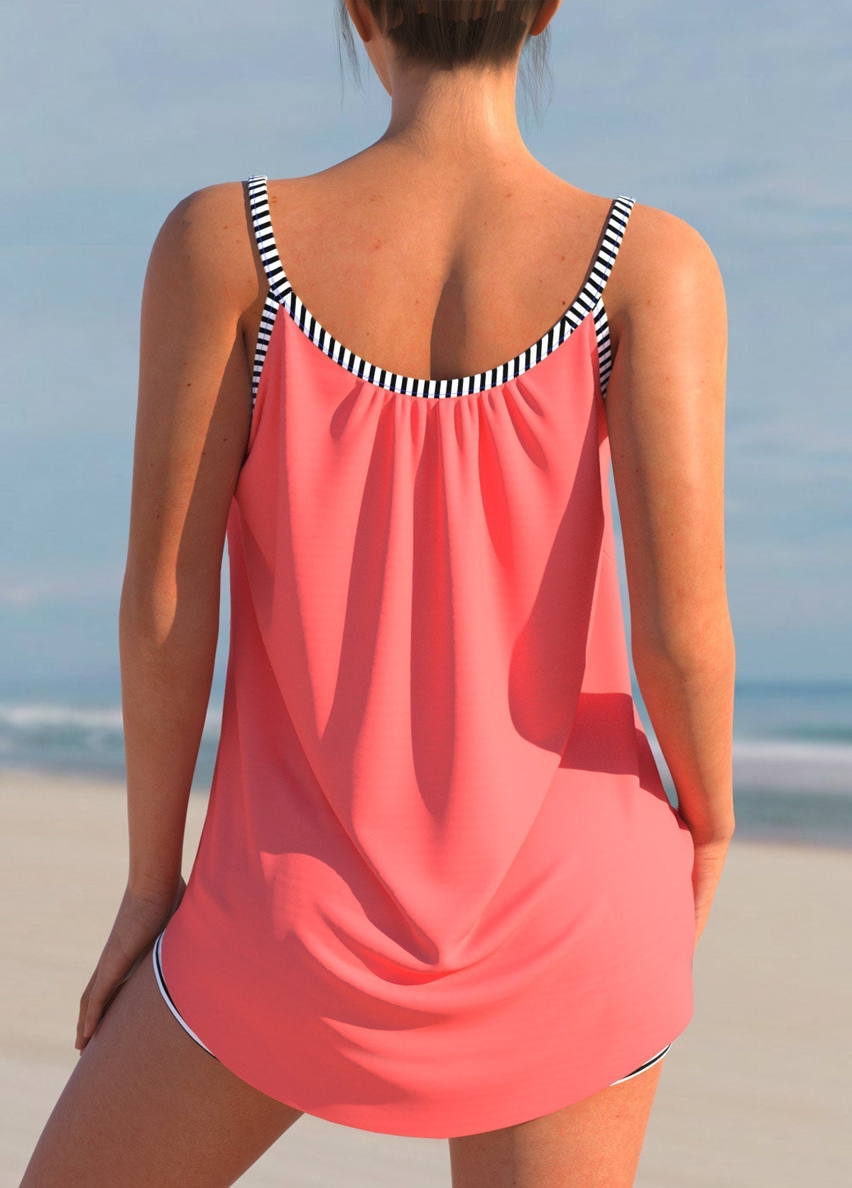 Striped Coral Red Bowknot Plus Size Tankini