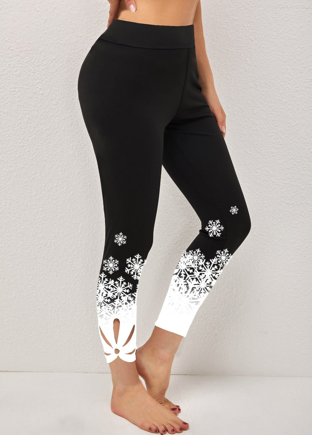 Black Snowflake Print High Waisted Leggings