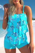 Coconut Tree Print Cyan Layered Hem Tankini Set