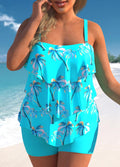 Coconut Tree Print Cyan Layered Hem Tankini Set