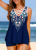 Criss Cross Navy Random Floral Print Tankini Set
