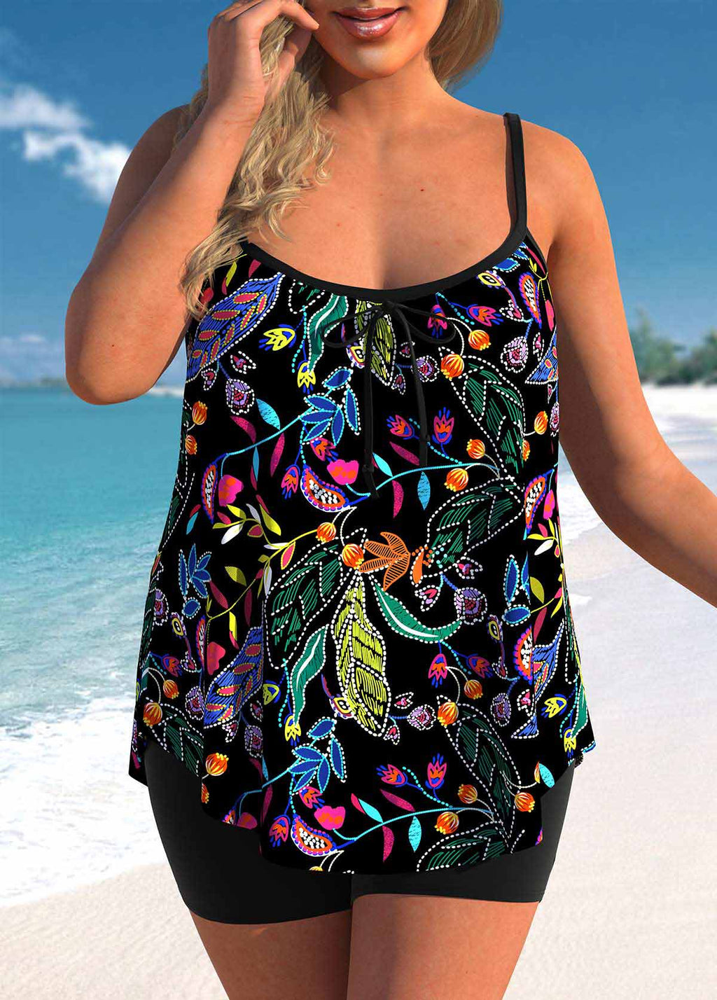 Leaf Print Black Tankini Set