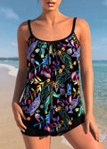 Leaf Print Black Tankini Set