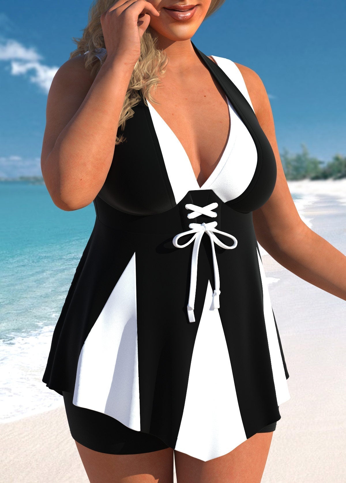 Lace Up Black Plus Size Swimdress Set