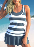 Dark Grey Fake 2in1 Striped Dark Grey Tankini Set