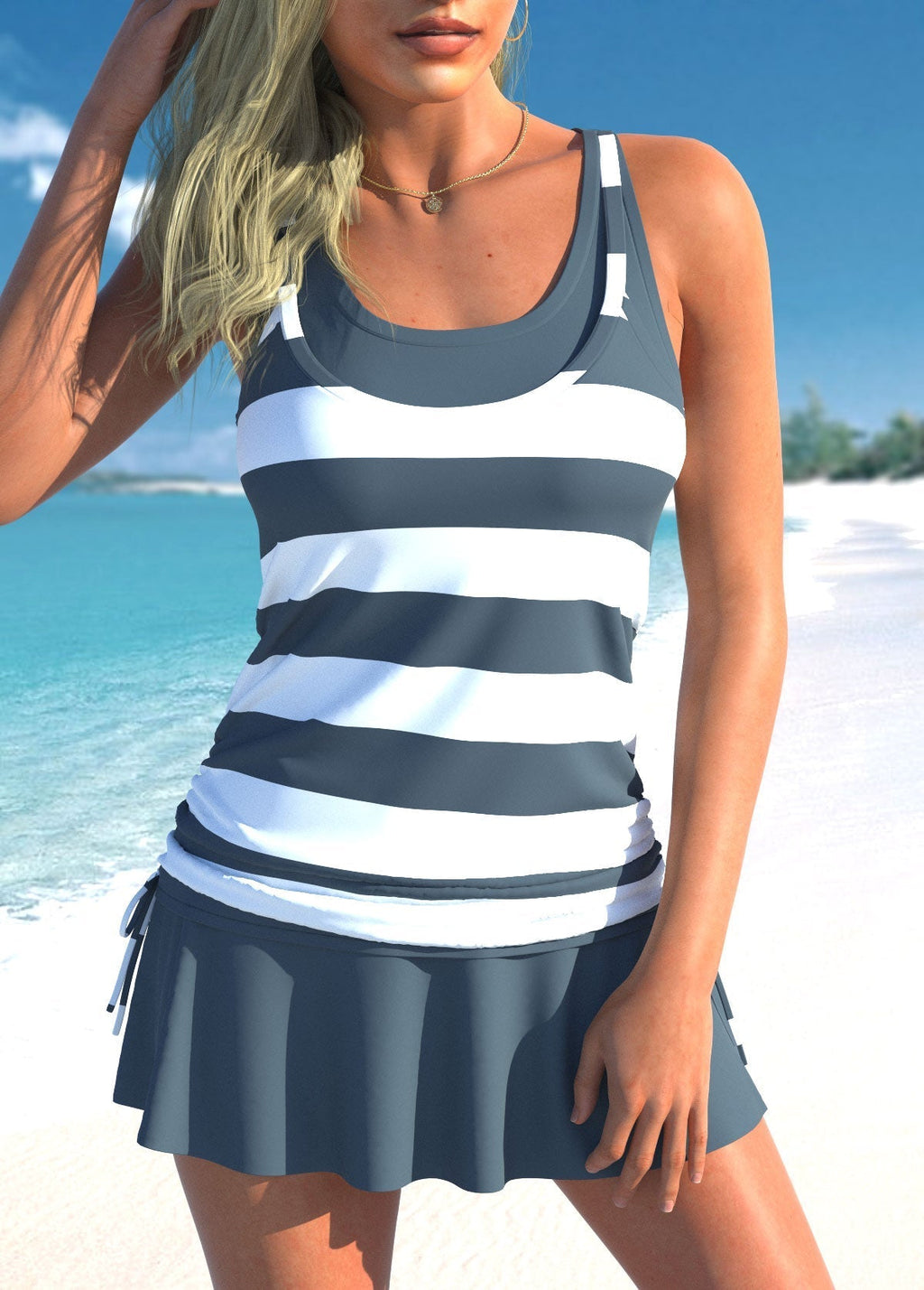 Dark Grey Fake 2in1 Striped Dark Grey Tankini Set