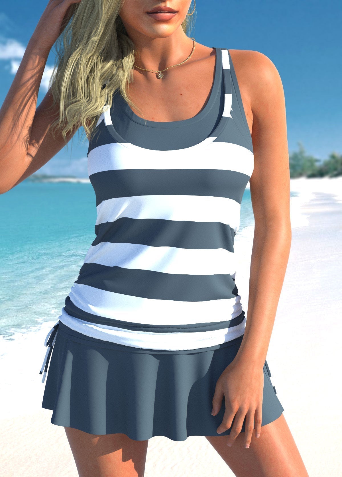 Dark Grey Fake 2in1 Striped Dark Grey Tankini Set