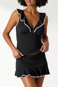 Black V-neck Ruffles Adjustable Straps Tankini Set With Black Skirt