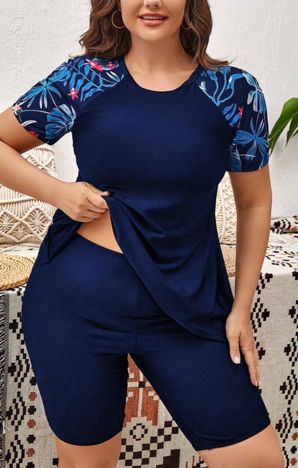 Swim SPRTY Plus Tropical Print Raglan Sleeve Bikini Swimsuit With Short Sleeve