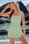 Green Square Neck Two Pieces Tankini Set With Skirt
