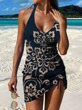 Retro Flower Print Pleated Drawstring V Neck Two Piece Tankini