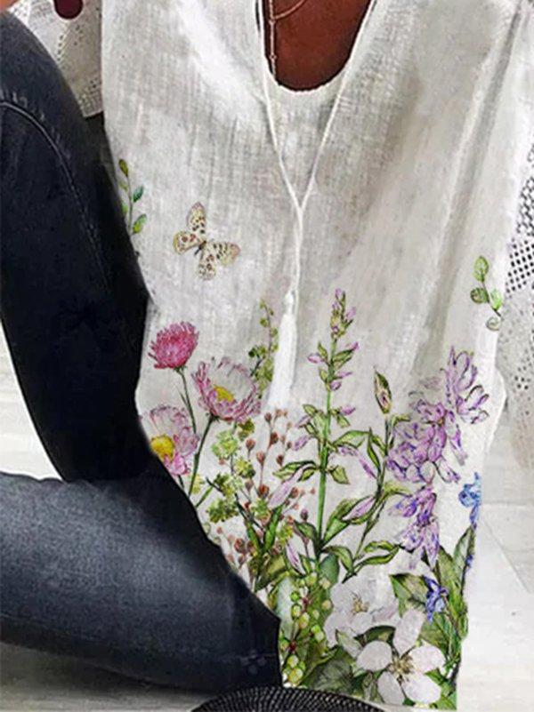 FloralPrint Casual V Neck 3/4 Sleeve Shirts & Tops