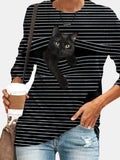 Black Cat Print Long Sleeve O-neck White Striped Plus Size T-shirt