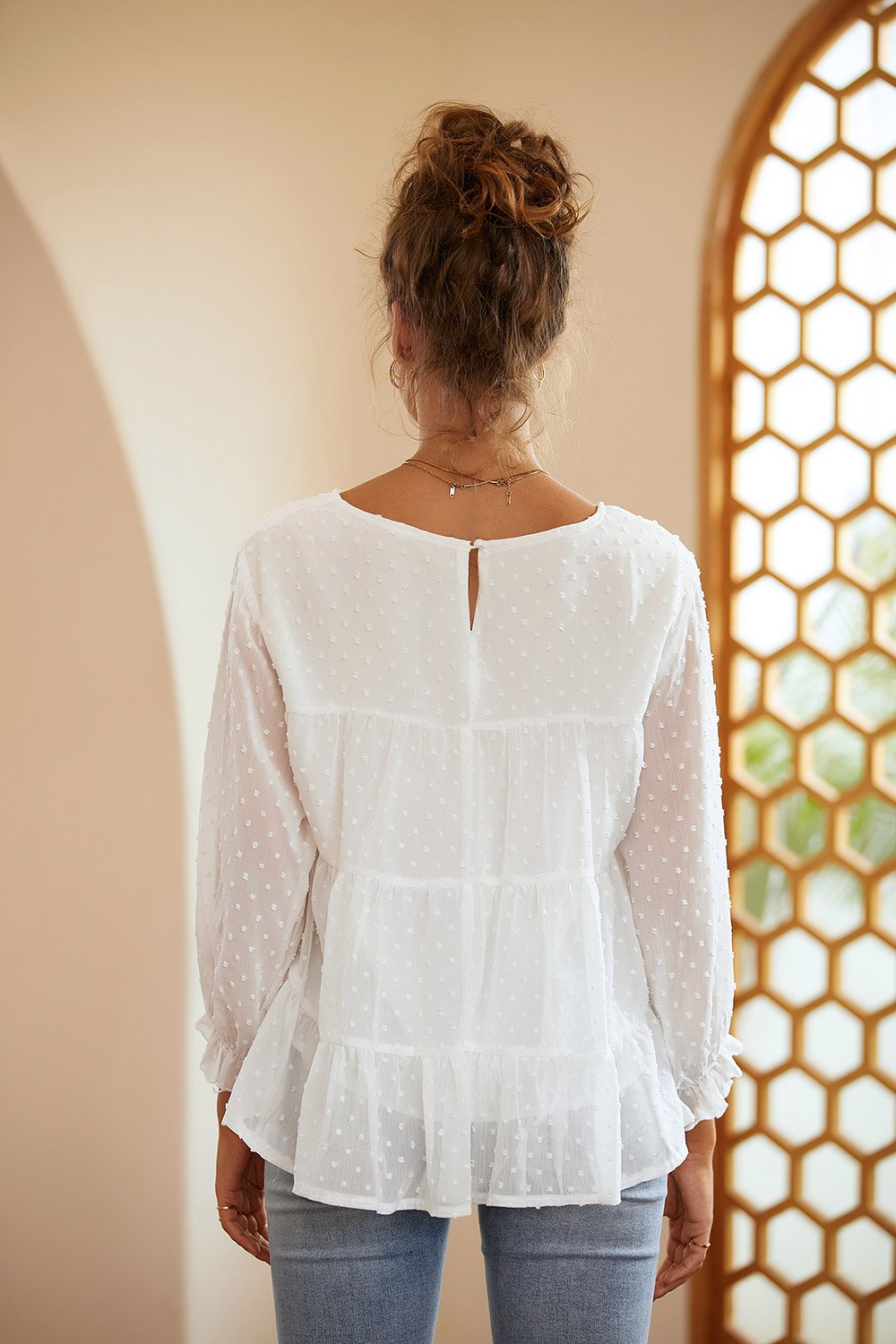 Ruffle Sleeve Round Neck Casual Shirt