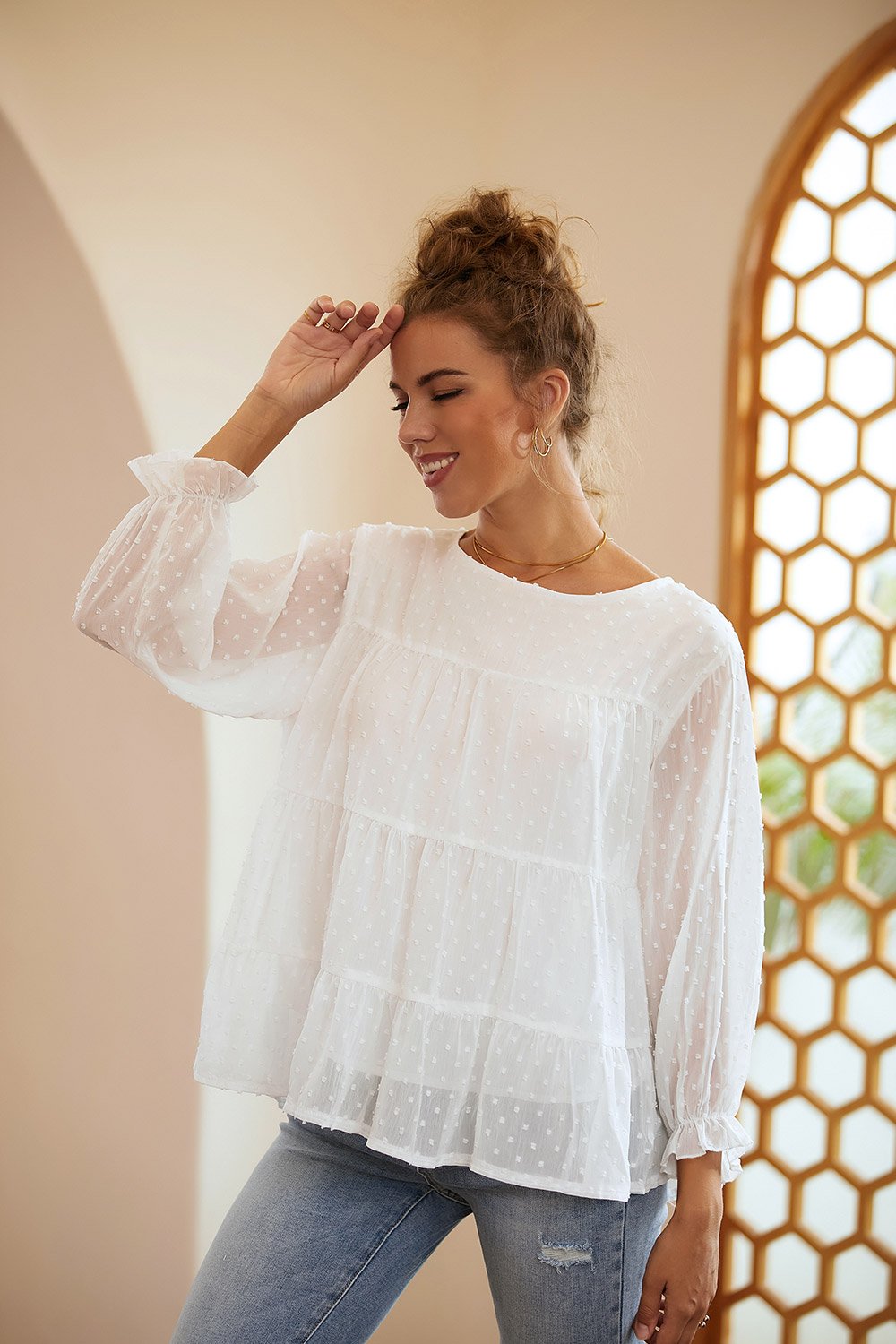 Ruffle Sleeve Round Neck Casual Shirt