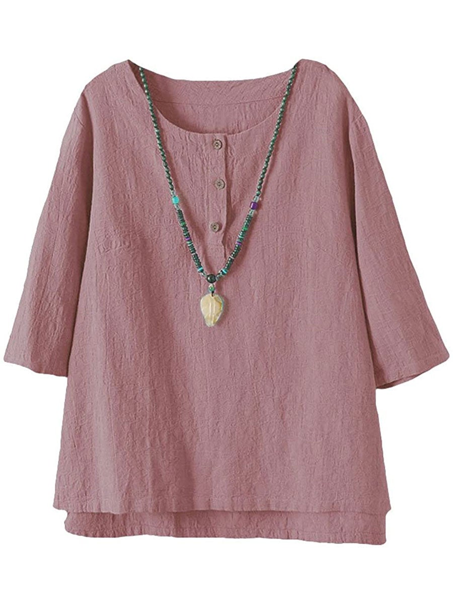 Women's 3/4 Sleeve Cotton Linen Jacquard Blouses Top Tshirt