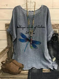 Dragonfly Printed Casual Crew Neck Short Sleeve Deep Gray Shirt & Top