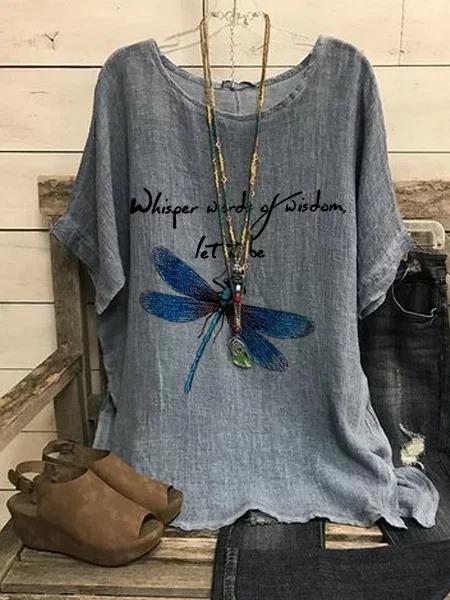 Dragonfly Printed Casual Crew Neck Short Sleeve Deep Gray Shirt & Top