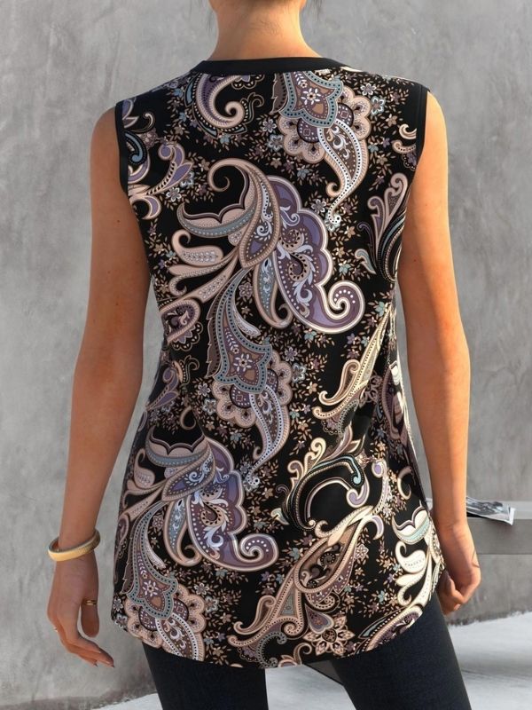 Black Floral Printed Buttons Tank Top