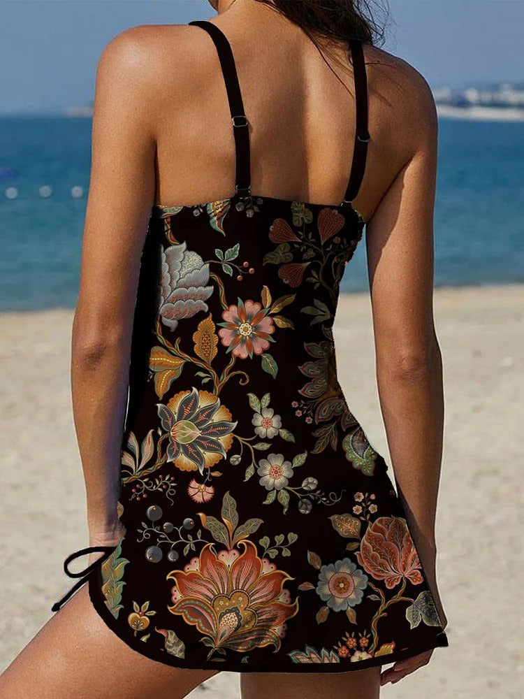 Retro Colorful Flowers Print V-neck Tankini Pantskirt Set Swimsuit