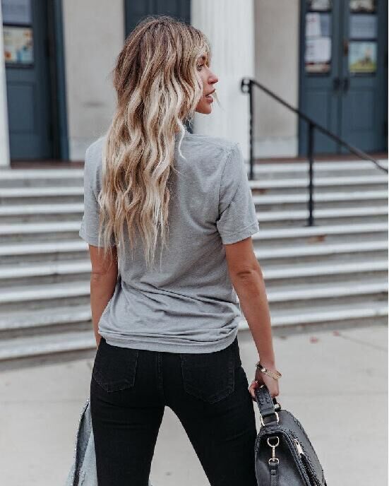 Cotton Blend Grey Round Neck Short Sleeves Tee